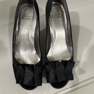 Stuart Weitzman Black Satin Peep-Toe Heels